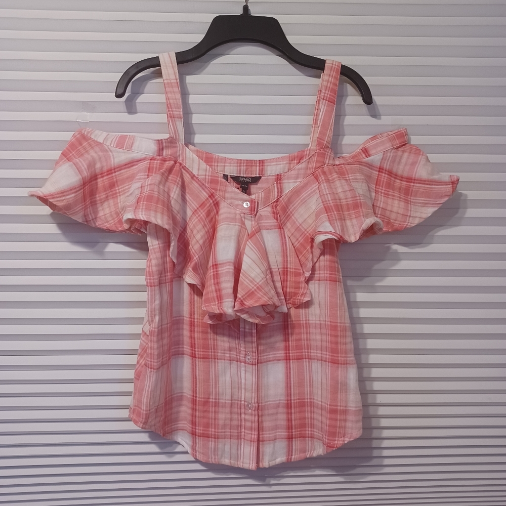 Buffalo David Bitton Ruffled Plaid Could Shoulder Top Blouse Size-XS 100% Cotton